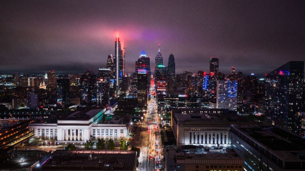 Philadelphia skyline at night — Ausonia Partners is Philadelphia based with worldwide reach